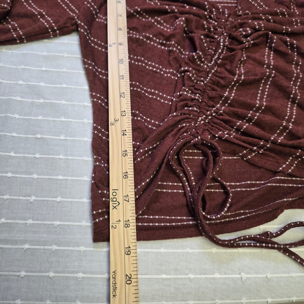 Rust Brown Ruched Drawstring V-Neck Top Cottagecore Boho Dotted Stripe Large - Picture 6 of 9